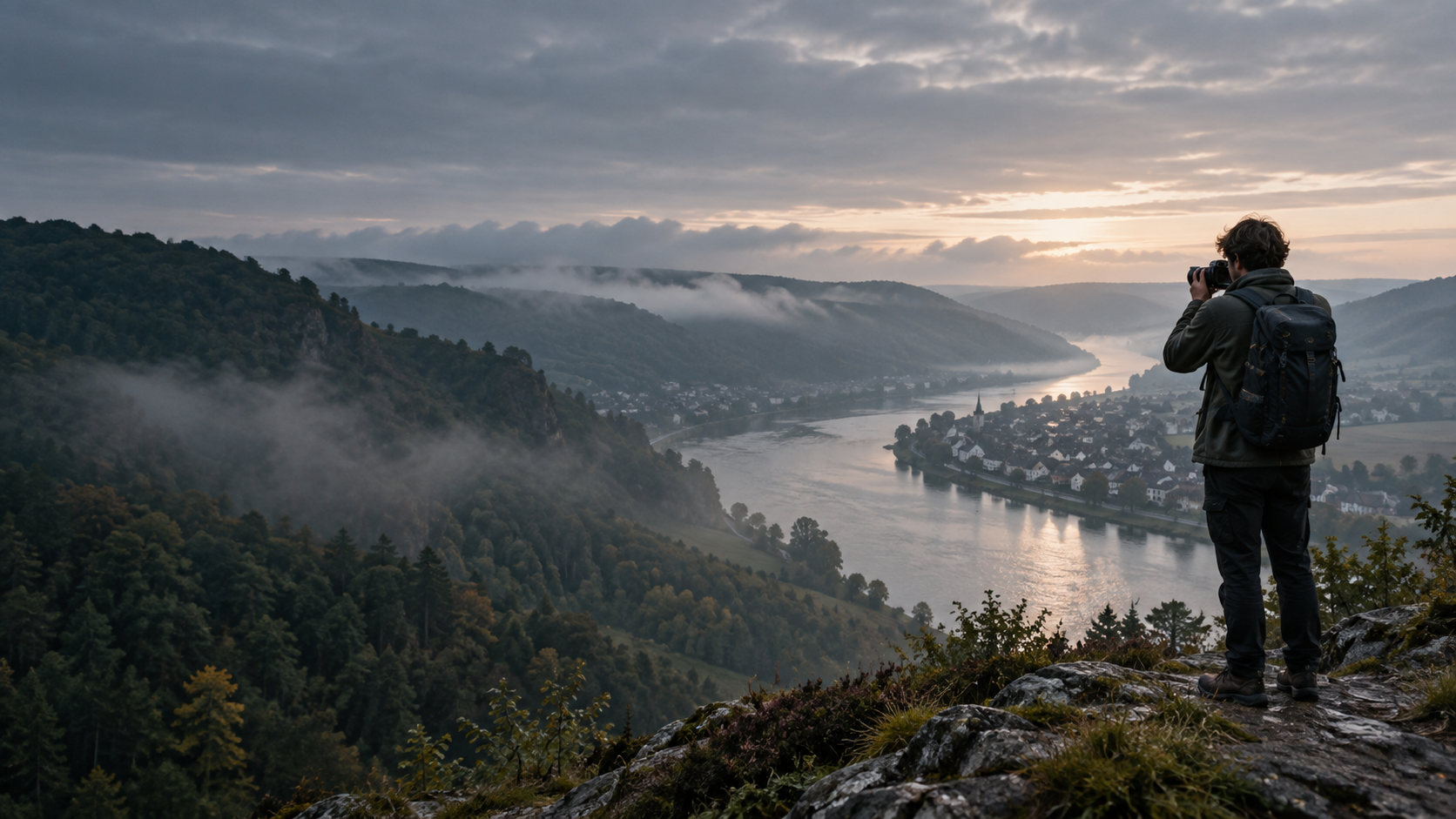 Dokumentarfotograf über einem Flusstal am frühen Morgen
